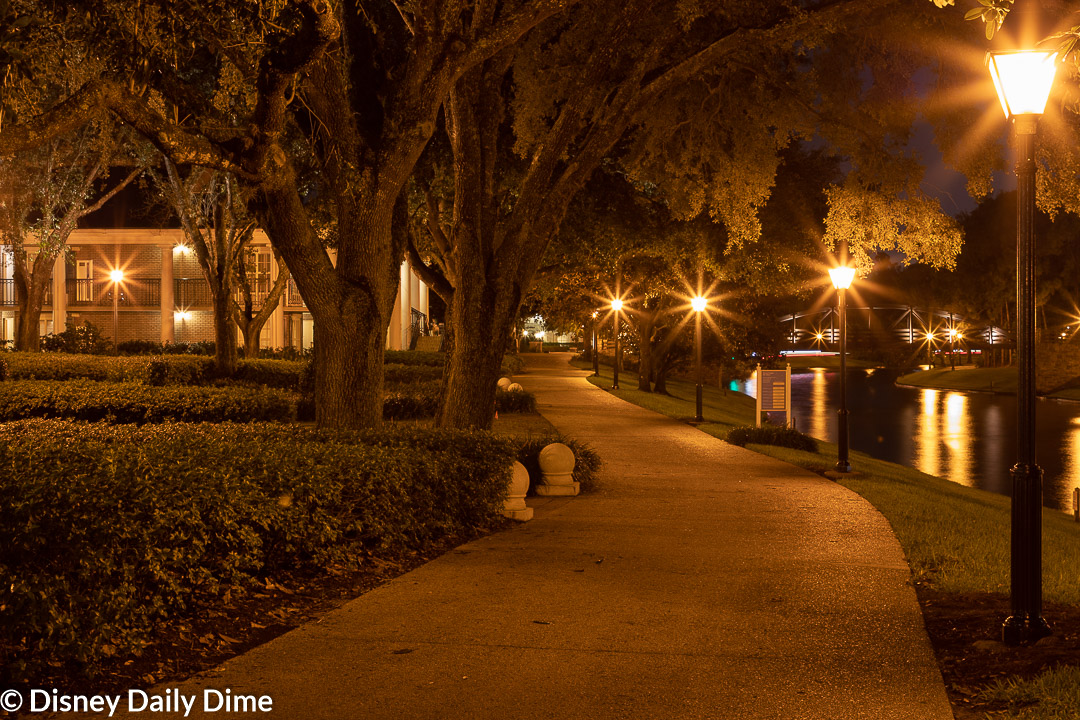 Night time photo of Port Orleans Riverside.