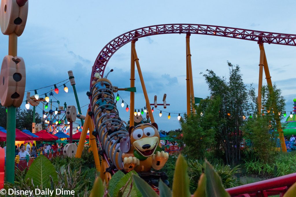 Evening picture of Slinky Dog Dash at Hollywood Studios.