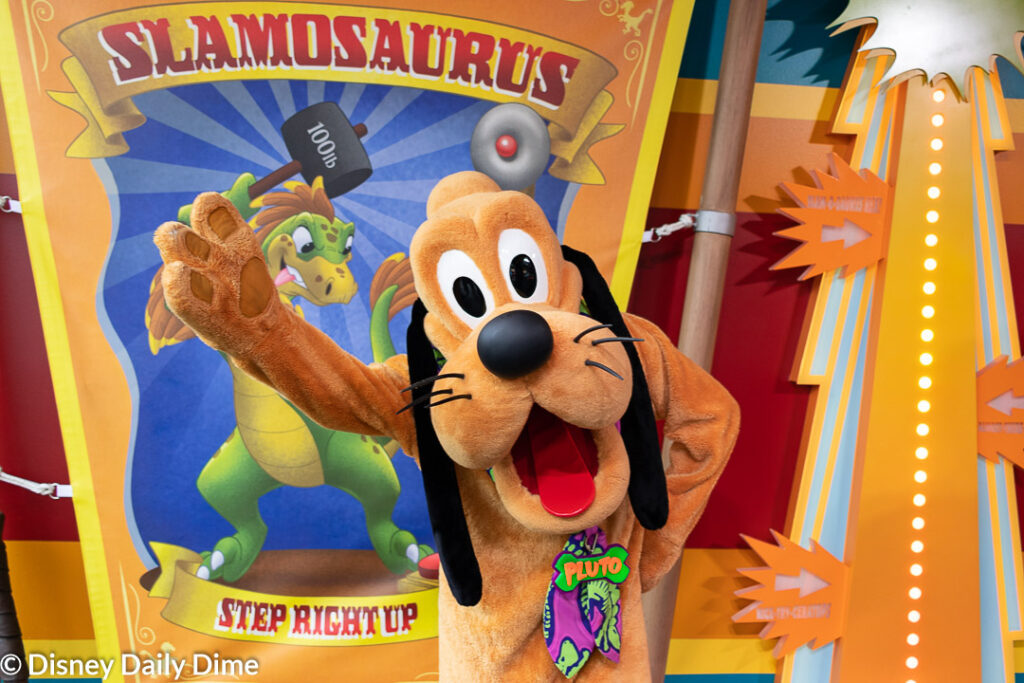 Pluto is featured here in the Animal Kingdom characters meet and greet as part of Donald's Dino-Bash.