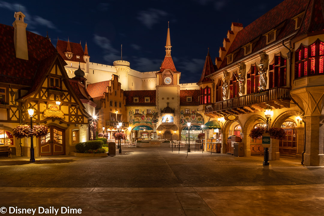 Pictuire of the Germany pavilion in Epcot's World Showcase at night.