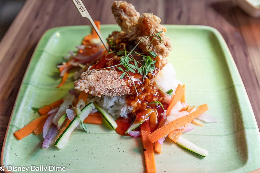 The chili glaze added both spice and a hint of Asian flavors to the "Tastes like Chicken" Because it is! from Skipper Canteen.